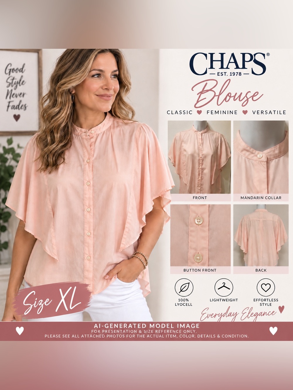 CHAPS BLUSH PINK LYOCELL CAPE SLEEVE BLOUSE • SIZE XL